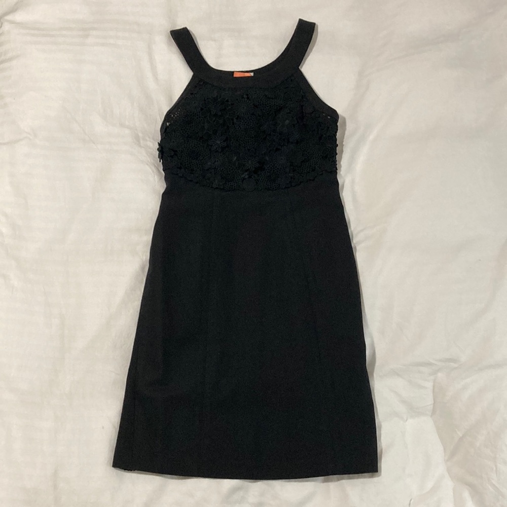 Gorgeous black dress with floral appliqués on bodice